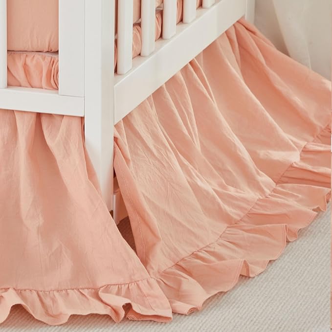 Brandream Baby Crib Bedding Set for Girls Boys Gender Neutral Boho Bohemian Farmhouse Chic Ruffle 6-Piece Nursery Bedding Set - 100% Cotton with Washed Craft Blush Pink Super Soft-CubbioJoy