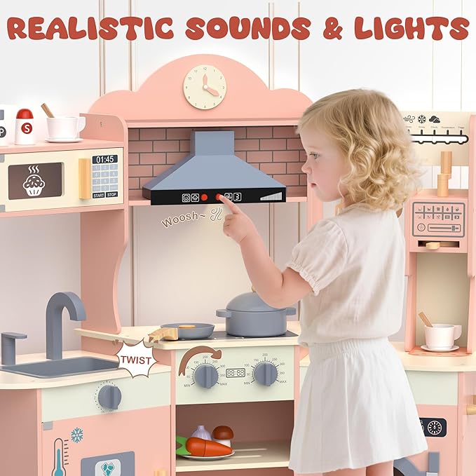 ANPABO Play Kitchen for Kids, Wooden Kitchen Playset w/Real Lights & Sounds, Coffee & Ice Maker, Microwave, Stove, 30Pcs Accessories Include Play Food, Pretend Play Set for Boys & Girls, Pink-CubbioJoy