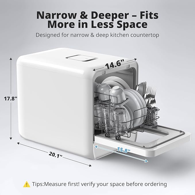 AIRMSEN Portable Countertop Dishwasher with 5L Water Tank, Mini Dishwasher with 14.6” Narrow & 20.1“ Deep Design, 9 Programs, 24H Delay Start & 360° Dual Spray, No Hookup Needed, C01, White-CubbioJoy