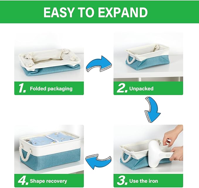 Bidtakay Small Storage Baskets for Shelves 3 Pack Fabric Storage Bins for Organizing Linen Collapsible Organizer for Closet-White&Teal-CubbioJoy