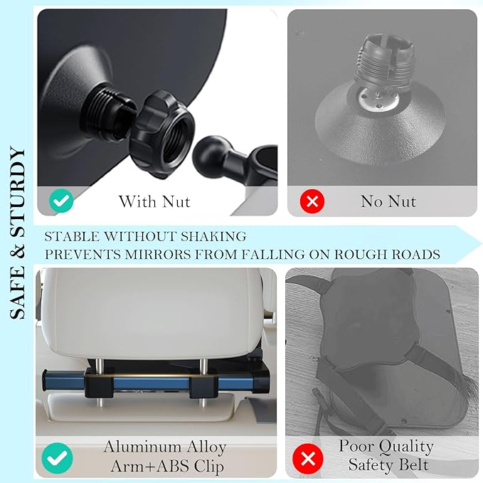 Baby Car Mirror Rear Facing, Safety Adjustable Car Seat Mirror for Baby Extendable Camera Monitor with Hook Clip Design Clear View ShatterProof + 2 Baby on Board Stickers,2 Seat Headrest Hook-CubbioJoy