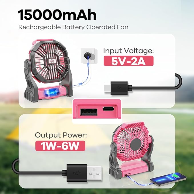 15000mAh Portable Battery Powered Camping Fan - with LED Light, Quiet Battery Operated, Camping Gear for Travel, Tent, Beach, Car or Hurricane Power Outages, Pink-CubbioJoy