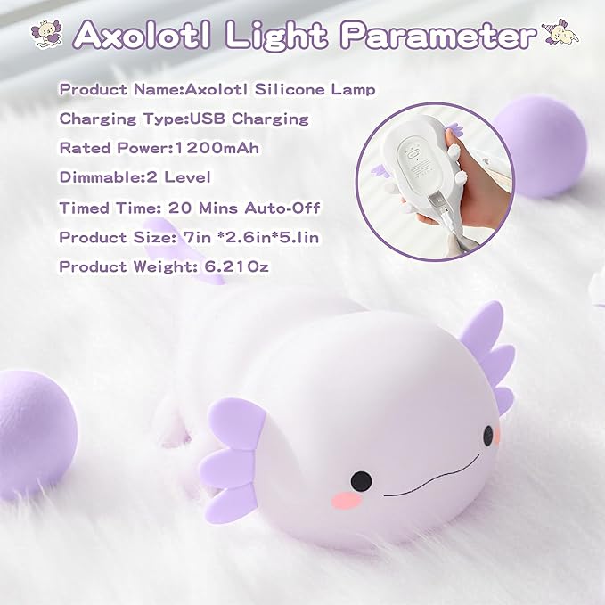 Axolotl Night Light for Kids,Cute Purple Axolotl Lamp,LED Squishy Nursery Nightlight, Food Grade Soft Silicone Novelty Animal Bedside Lamp,Adorable Room Decor, Axolotl Gitfs for Mother Girls Baby-CubbioJoy