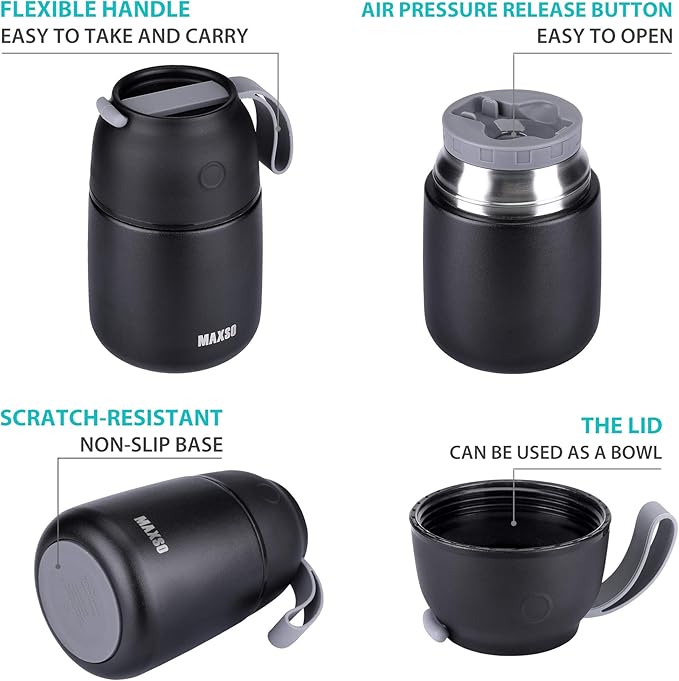 Insulated Thermo Food Jar for Hot & Cold Food for Kids Adult, 17 oz Soup Thermal Hot Food Containers for Lunch, Triple Layer Insulation Stainless Steel Food Jar with Spoon (Black)-CubbioJoy