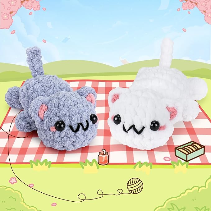 Crochet Kit for Beginners - 2PCS Kitty Crochet Kit with Step-by-Step Video Tutorials, Crochet Starter Kit for Adults and Kids, Learn to Crochet Cat, Beginner Crocheting Kit Easy Peasy Yarn-CubbioJoy