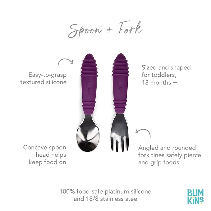 Bumkins Toddler Utensils, Kids Size Fork and Spoon Set, Silicone and Stainless-Steel Training Silverware, Angled Forks / Sporks for Self-Feeding, Children Hold Learning to Eat, 18 Months Up, Purple-CubbioJoy