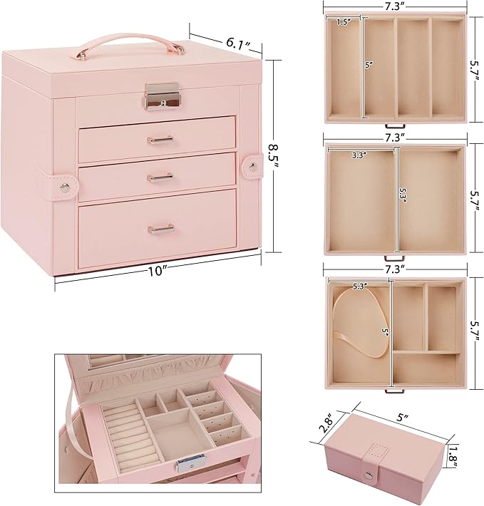 AKOZLIN 4-Tier Jewelry Box Lockable Leather Jewelry Storage Case Organizer with 3 Drawers for Women Girls Ring Necklace Earring Bracelet Watches Holder with Mirror Pink-CubbioJoy