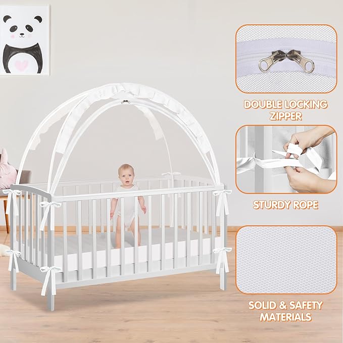 Crib Tent to Keep Baby from Climbing Out - Crib Net to Keep Baby in - Pop Up Breathable Cribs Cover - Canopy with Upgrade Strong Mesh and Durable Zipper (White, Lager)-CubbioJoy