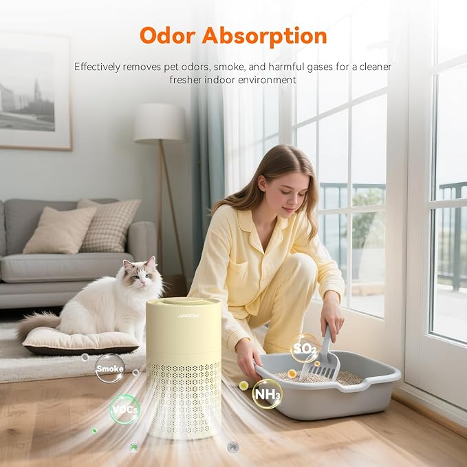 AIRROMI Air Purifier for Bedroom with HEPA Fet Filters, Pet Air Purifiers for Home Cat Pee Smell, Covers Up to 990Ft², Quiet 360° intake Air Cleaner for Allergies Dust Smoke Odor A2001 Yellow-CubbioJoy