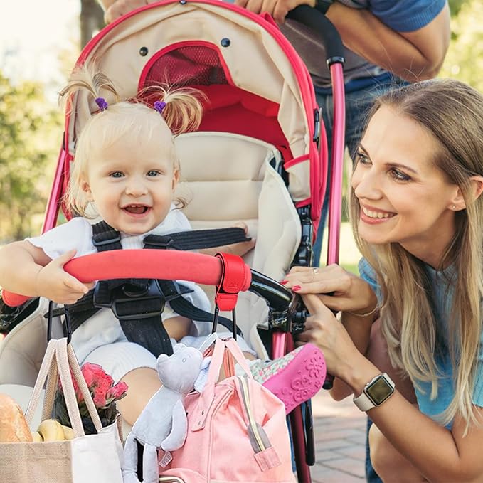 Baby Stroller Hooks Bag Hooks for Hanging Diaper Bags Multipurpose Hooks for Grocery Shopping Bags Premium Vegan Leather Pram Straps 2 Pcs (red)-CubbioJoy