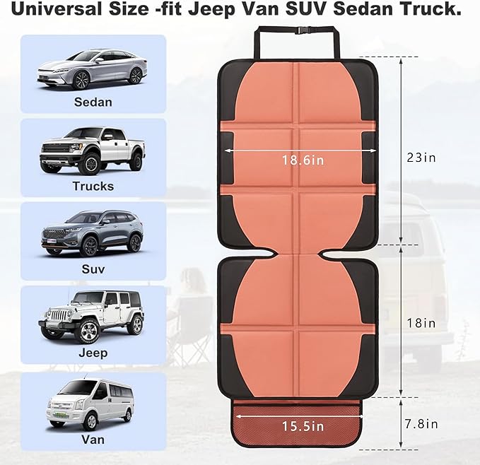 Car Seat Protector for Child, 2 Pack Covers with Mesh Pockets & Non-Slip Backing, 600D Durable Under Seat for Back (Orange, Large)-CubbioJoy