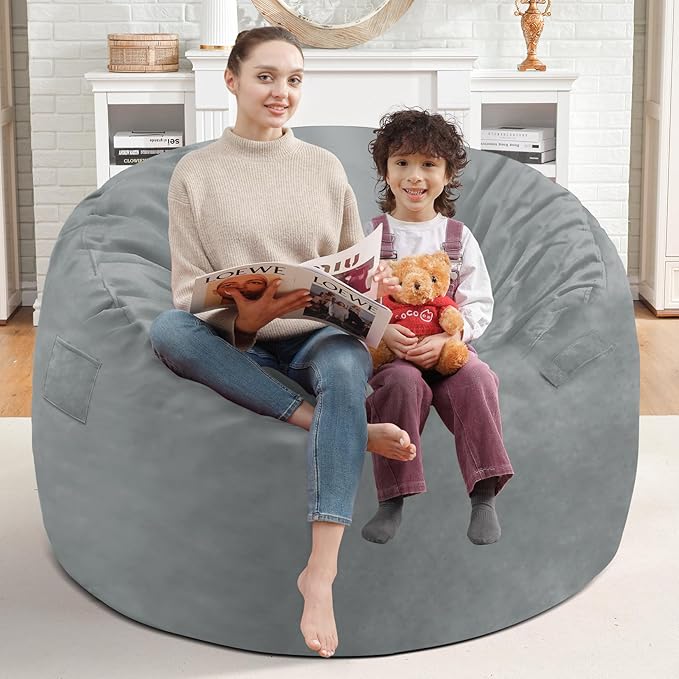 3FT Bean Bag Chair, Comfy Bean Bag Chairs with Memory Foam Filled, Fluffy Beanbag Sofa with Dutch Velvet Cover, Round BeanBag Chairs for Living Room, Playroom - Light Grey-CubbioJoy