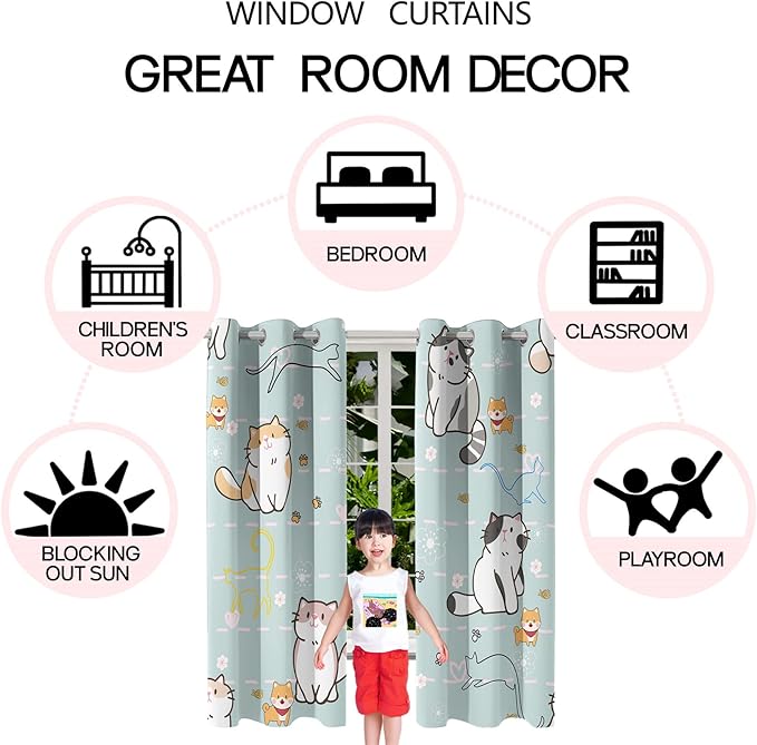 Cartoon Cat Blackout Curtains for Girls Room - Grommets Top, Animal Themed, Thermal Insulated Panels for Bedroom, Nursery Decor, 82 in x 84 in-CubbioJoy
