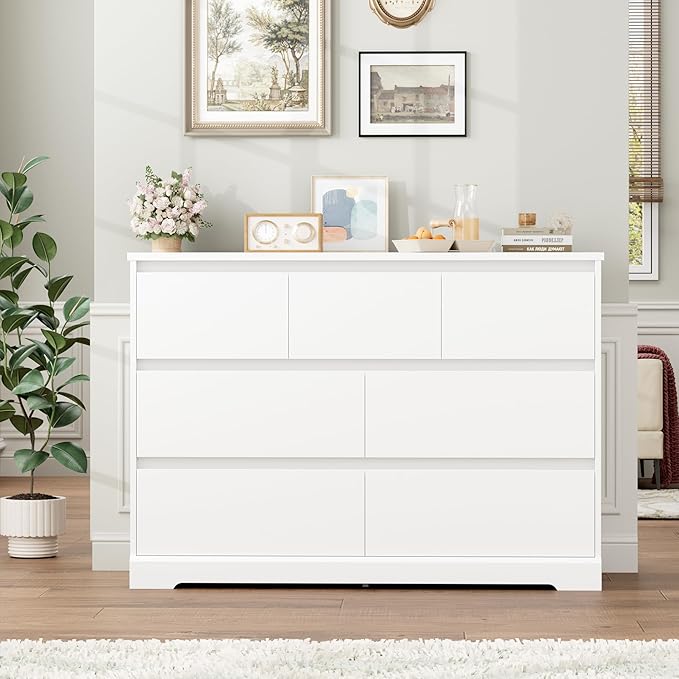 Dresser for Bedroom, Modern White Dresser, Wood Chest of Drawers Nursery Dressers, with Storage, 7 Drawer Double with Handle Free, Large Storage Organizer for Living Room,White-CubbioJoy