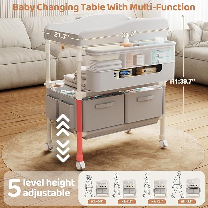 Baby Changing Table, Versatile Folding Changing Table with 2 Drawers, Portable Baby Diaper Changing Station with Toy Holder, Adjustable Height Mobile Nursery Diaper for Infant and Newborn-CubbioJoy