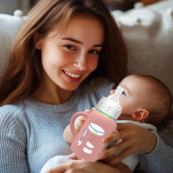 BUSOHA 3 Pack Silicone Sleeves for Dr. Brown's Glass Baby Bottles - Drop Protection Baby Bottle Sleeves,Compatible with Dr. Brown's Newborn Glass Bottles,with Silicone Handles,4 oz-CubbioJoy