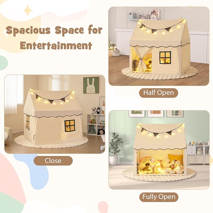 INFANS Kids Play Tent with Washable Mat Star Light Windows, Anti-Trip Large Playhouse Toys for Children Boys Girls, Indoor Outdoor Princess Tents Castle for Toddlers (Black- Wide Door)-CubbioJoy