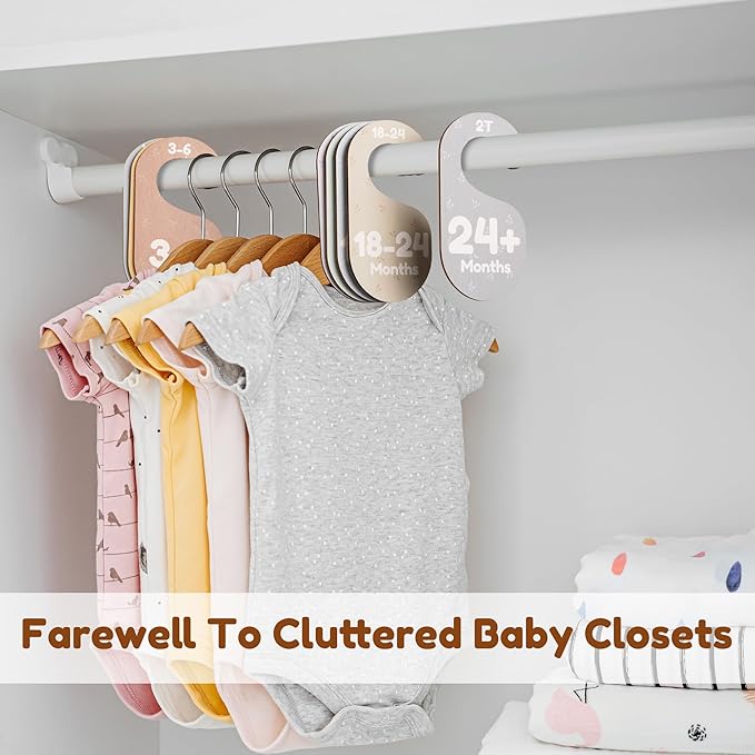 Baby Closet Dividers for Clothes Organizer - Set of 8 Adorable Wooden Double-Sided Baby Clothes Size Hanger Organizer from Newborn to 24+ Months for Nursery Beautiful Minimalist Decor-CubbioJoy