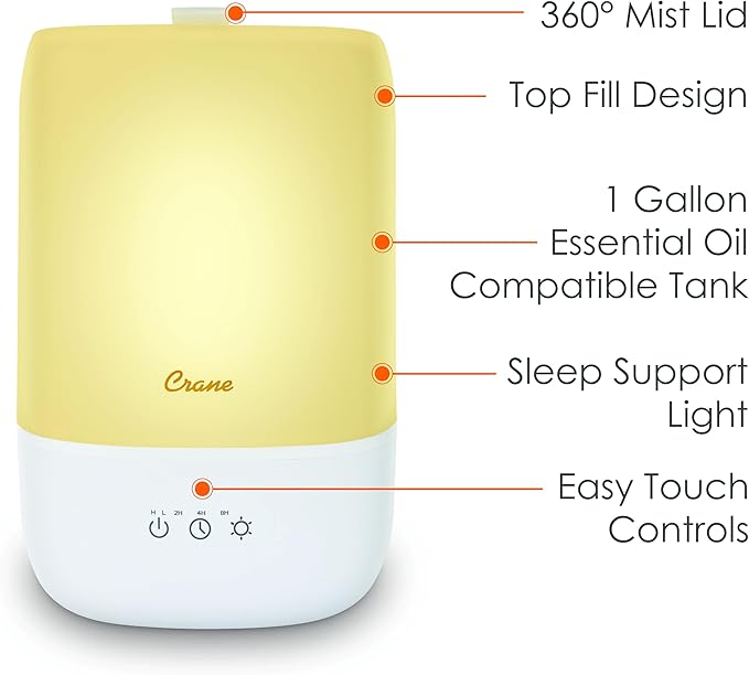 Crane Ultra-Quiet 3-in-1 Humidifier for Baby with Essential Oil Tray, 7-Color Sleep Light, 1 Gallon Top-Fill Tank, Ideal for Bedroom-CubbioJoy