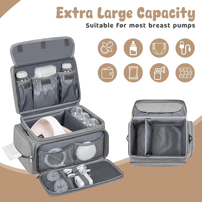 Breast Pump Bag for Spectra S1 S2 with Waterproof Mat, Breast Milk Cooler Bag for Pump Essentials, Pumping Bags for Working Mom Travel Camping, Grey-CubbioJoy