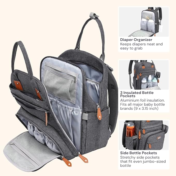 BabbleRoo Diaper Bag Backpack - Baby Essentials Travel Tote - Multi Function Waterproof Diaper Bag, Travel Essentials Baby Bag with Changing Pad, Stroller Straps & Pacifier Case - Unisex, Dark Gray-CubbioJoy
