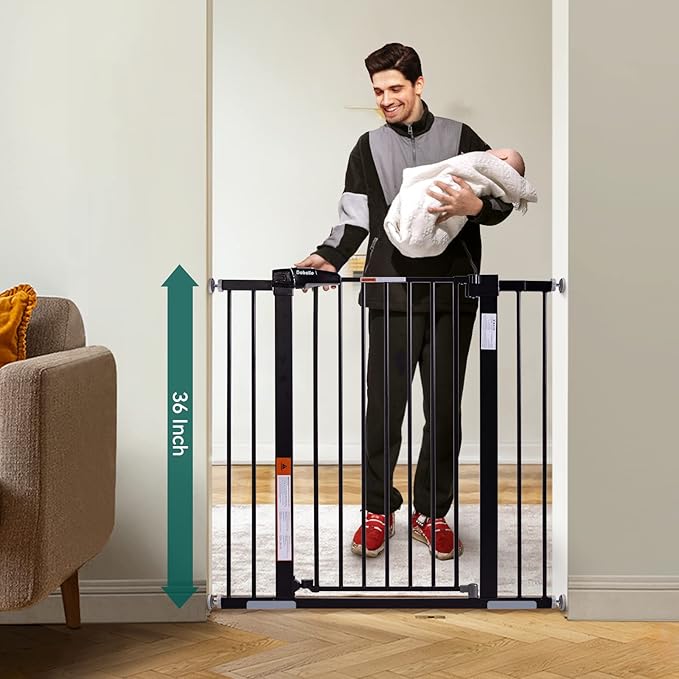 BABELIO 36" Tall Baby Gate, 26-40" Wide Auto Close Pet Gate, Pressure Mounted Metal Dog Gate, Easy-Install No Drilling, No Tools Required, with Wall Protectors and Extension Kits, Black-CubbioJoy