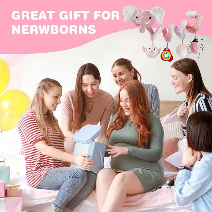 Jollybaby Baby Car Seat Stroller Toys, Plush Activity Hanging Spiral Activity Pram Crib with Music Box, Rattles, Squeaker for Babies Infant Boys Girls(SZ Pink Elephant)-CubbioJoy