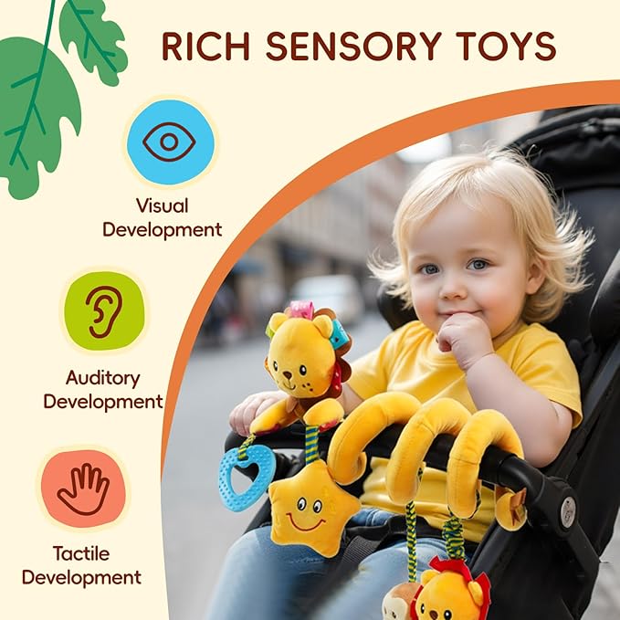 Jollybaby Crib Stroller Car Seat Toys for Baby 0-3-6-9-12 Months, Tummy Time Hanging Sensory Toys for Newborn with Music Box and Teether, Spiral Carseat Toy for Infant Boys Girls Gifts (Little Lion)-CubbioJoy