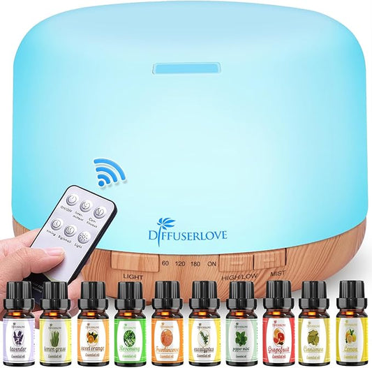 Diffuserlove Diffuser Essential Oil Diffusers 500ML Remote Control Aroma Diffuser Cool Mist Aromatherapy Diffuser with Mute Design, Timer and Auto Shut-Off for Office Living Room Yellow-CubbioJoy