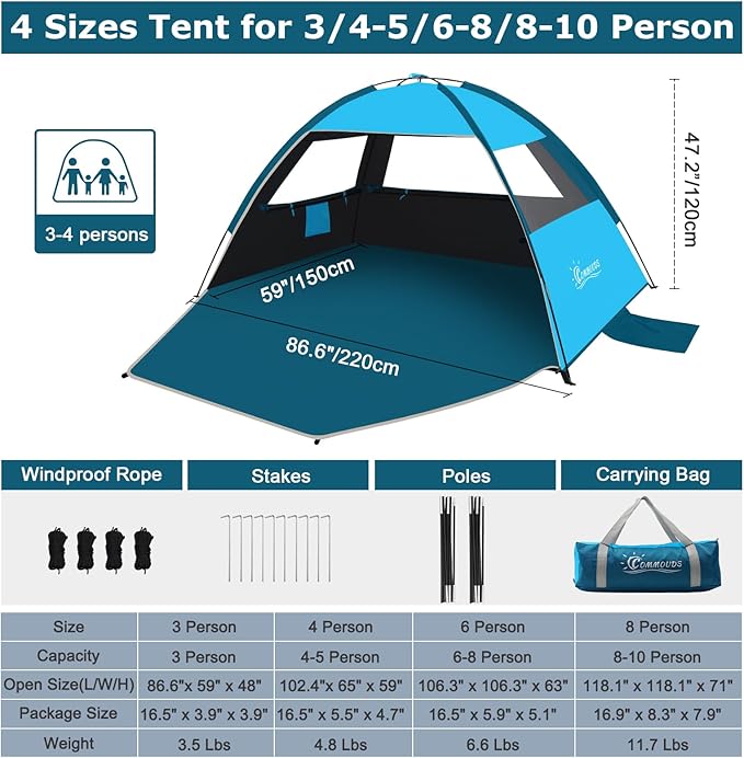 COMMOUDS Beach Tent Sun Shade for 3/4-5/6-7/8-10 Person, UPF 50+ Beach Sun Shelter Canopy Tent, Lightweight, Easy Set Up and Carry-CubbioJoy