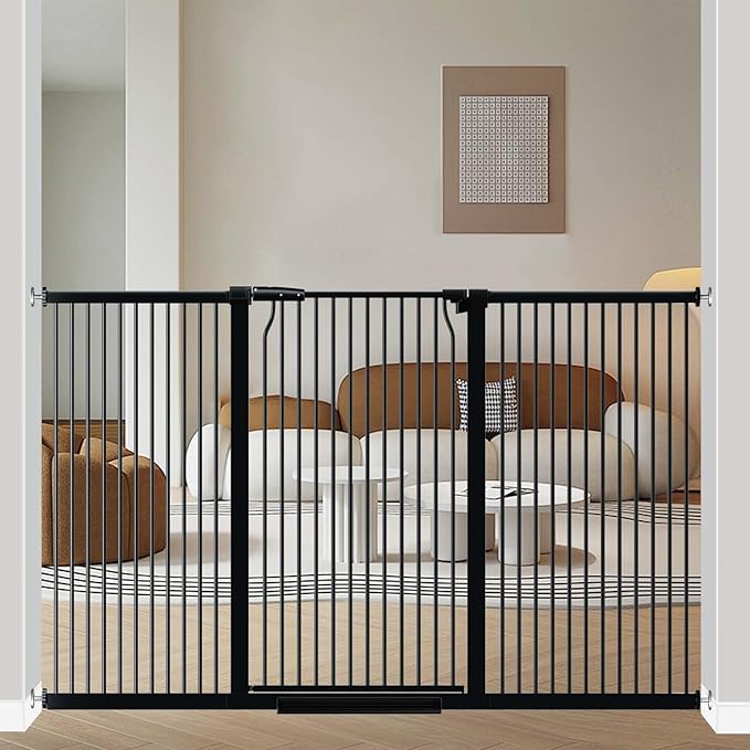 40.5" Extra Tall Baby Gate for Doorway, 72.3"-74.1" Extra Wide Long Pet Gate, No Drill Pet Safety Barrier Metal, Pressure Mounted Safety Child Gate for Stairs Walk Thru Kids or Pet Black-CubbioJoy
