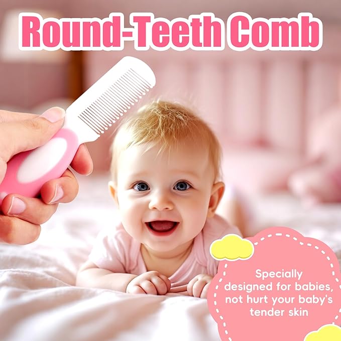 Baby Hair Brush and Comb Set, 4Pcs Baby Soft Bristles Brush Cradle Cap Brush Hair Comb for Newborns Toddlers Boys Girls (Pink)-CubbioJoy