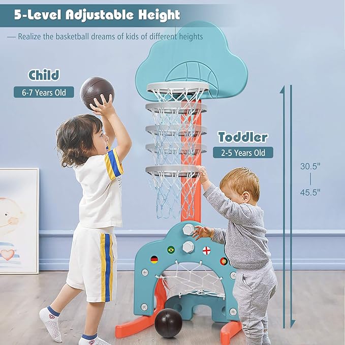 Costzon Kids Basketball Hoop, Toddler Sports Activity Center w/ 5 Adjustable Height Levels, Basketball Soccer Golf Game Set, Indoor Outdoor Basketball Hoop Set Gift for Baby Infant-CubbioJoy