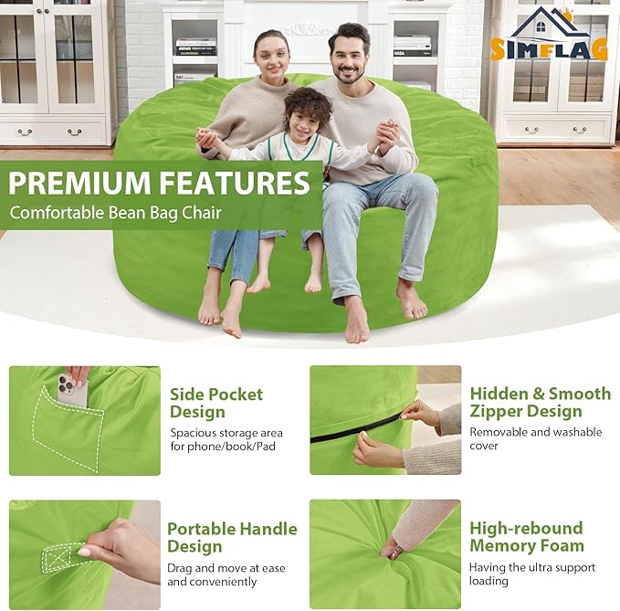 5FT Bean Bag Chair, Large Bean Bag Chairs with Memory Foam Filled, Fluffy Beanbag Sofa with Dutch Velvet Cover, Round BeanBag Chairs for Living Room, Playroom - Lime-CubbioJoy