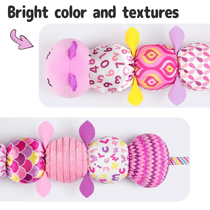 Infant Baby Musical Stuffed Animal Activity Soft Toys with Multi-Sensory Crinkle, Rattle and Textures for 0-3-6-12 Months Developmental Toys, Caterpillar, Purple-CubbioJoy