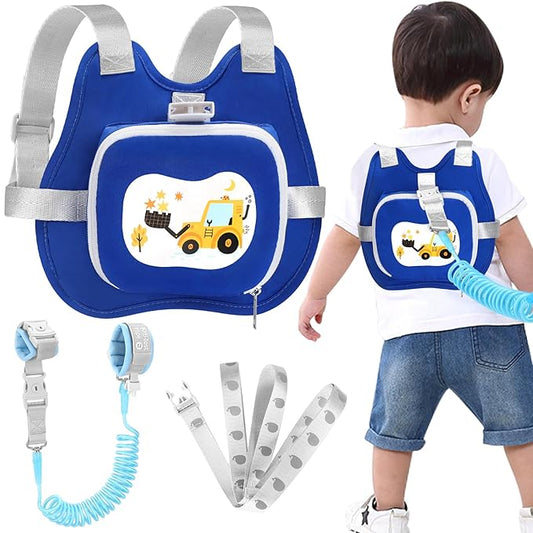 Accmor Toddler Harness Leash, Kids Cute Excavator Walking Harness Tether Wristband Assistant Strap Belt Protector for Baby Boys, Collapsible Child Leash + Anti Lost Wrist Link for Outdoor Travel Blue-CubbioJoy