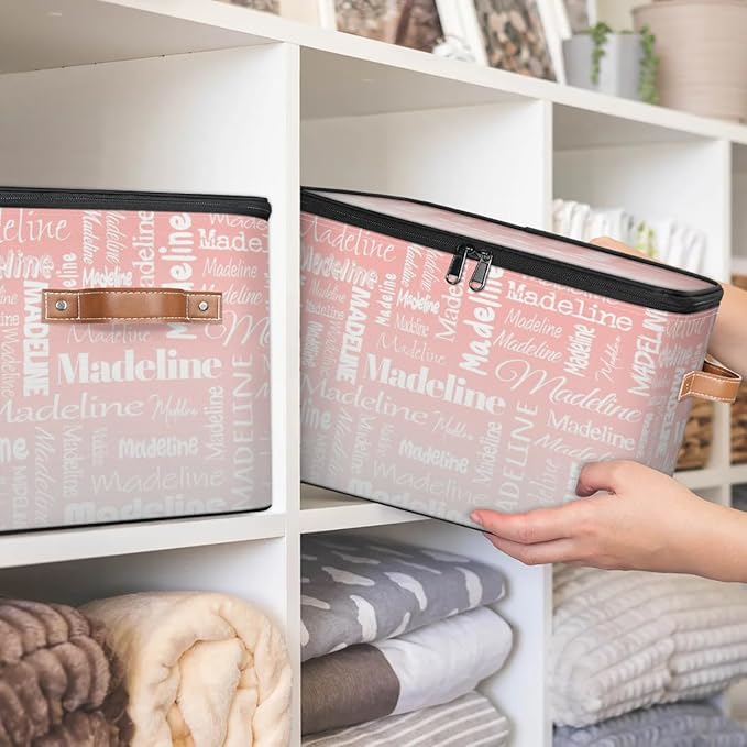 Custom Storage Basket with Name, Personalized Storage Bins with Zipper Lid, Foldable Fabric Storage Box Large capacity with Handle Pink White-CubbioJoy