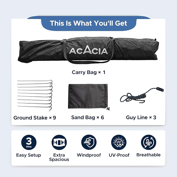 ACACIA Beach Tent Sun Shelter | 4-Person Portable Camping Tent with UPF 50+ Protection | Easy Setup Pop up Sun Shade | 10×10ft Privacy Sunshade for Camping & Backyard-CubbioJoy
