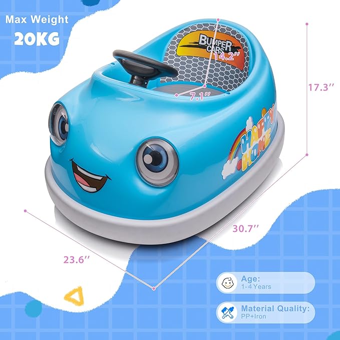 12V Dual Battery Electric Ride on Kids Bumper Car w/Remote Control,360 Degree Spin,Push Rod Rocker Horse Function,3-Speeds Babies & Toddlers Bumping Car Ride on Toy Gift for 1-4 Years Children (Blue)-CubbioJoy