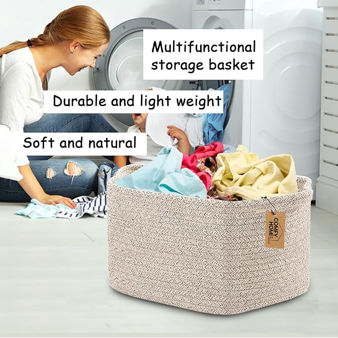 COMFY-HOMI 3PACK Cotton Rope Woven Basket With Handles for Shelves, Toy, Book, Cloth Storage Basket for Organizing|13.5" x 11" x 9.5" Decorative Nursery Cube Bin for Living Room（all brown）-CubbioJoy
