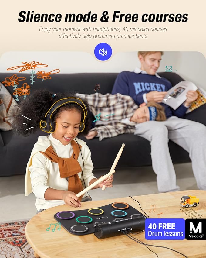 Donner Electric Drum Pad, 9 Pads Electronic Drum Set Roll Up Quiet Drum Pad Built-in Speaker, 40 Drum Lessons Included, Kids Holiday & Birthday Instrument Toys DED-20(SE)-CubbioJoy