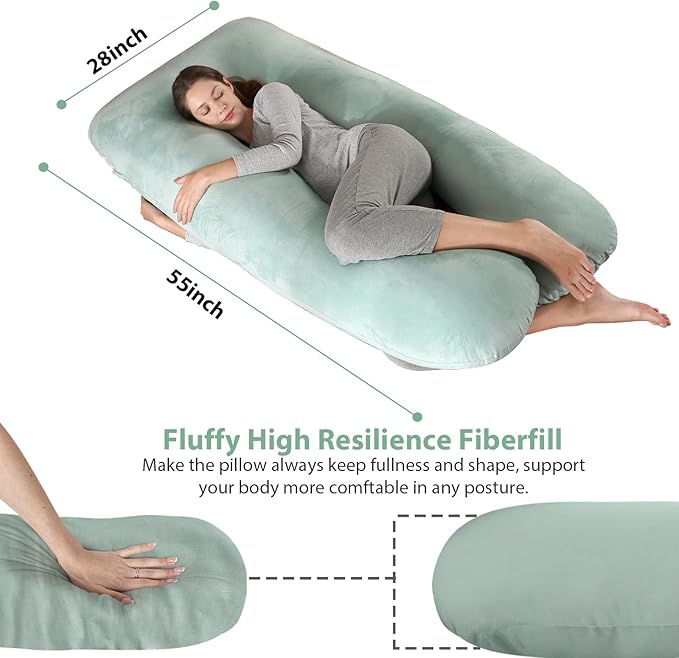 Amagoing 55 inches Pregnancy Pillows for Sleeping, U Shaped Maternity Full Body Pillow for Pregnant Women with Hip, Leg, Back, Belly Support, Washable Velvet Cover Included (Mint Green)-CubbioJoy