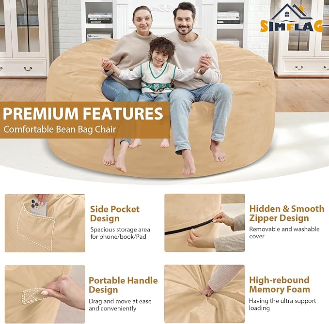 6FT Bean Bag Chair, Large Bean Bag Chairs with Memory Foam Filled, Fluffy Beanbag Sofa with Dutch Velvet Cover, Round BeanBag Chairs for Living Room, Playroom - Khaki-CubbioJoy