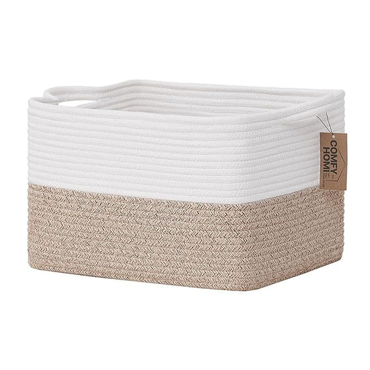 COMFY-HOMI Cotton Rope Woven Basket with Handles for Shelves,Toys,Book, Cloth Storage Baskets for Organizing-13.5" x 11" x 9.5" Toy Decorative Organizer for Living Room, Bathroom （White/Brown）-CubbioJoy