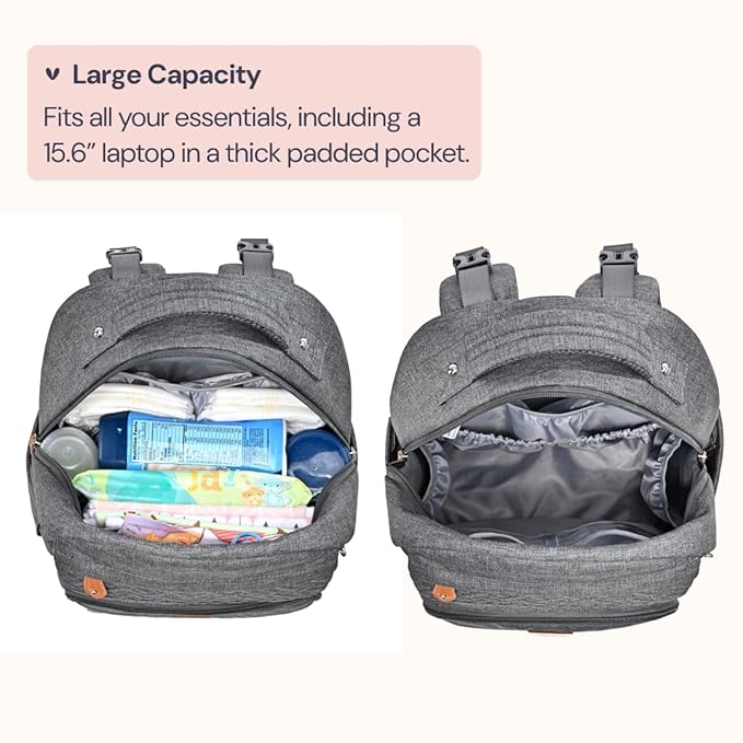 BabbleRoo Diaper Bag Backpack, Travel Backpack with Changing Pad, Pacifier Case & Stroller Straps, Multifunction, Waterproof, Unisex - Dark Gray-CubbioJoy