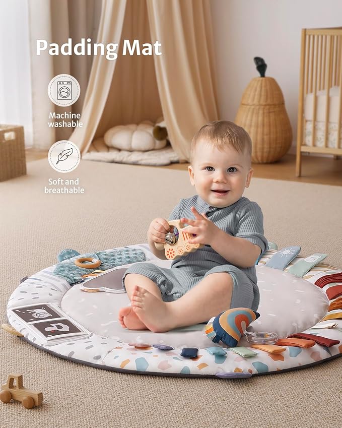 Blissful Diary Baby Play Gym & Activity Mat, 5 Developmental Zones Wooden Tummy Time Mat with 5 Detachable Sensory Toys for Motor Skills & Sensory Development, Baby Essentials Shower Gift-CubbioJoy