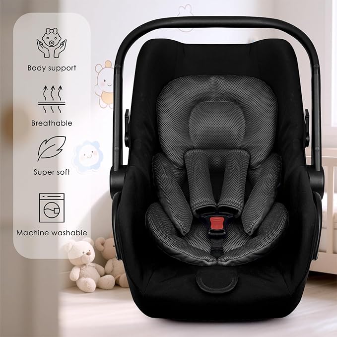 Infant Car Seat Insert for Newborn Girls Boys, Summer Mesh Baby Carseat Head Support with Strap Pads, Soft Reversible Baby Car Seat Insert Cushion Pad for Car Seat, Stroller, Bouncer, Swing, Black-CubbioJoy