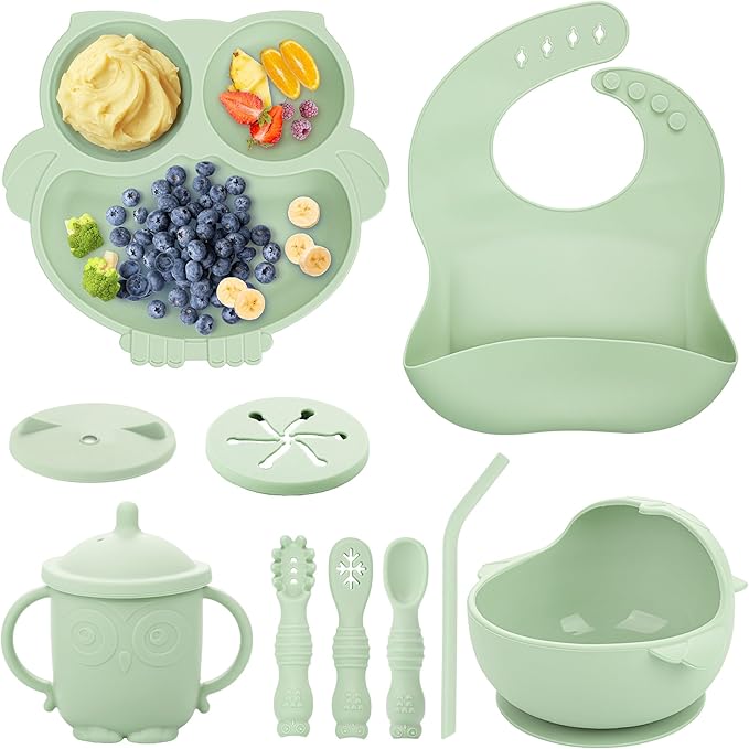 Baby Weaning Set, Silicone Feeding Set(10 Pcs), Toddler Set with Adjustable Bib, Suction Bowl, Plate, Fork, Spoon, Water & Snack Cup Kit, Led Kit for Babies, and Kids Green GJTZ-04-CubbioJoy