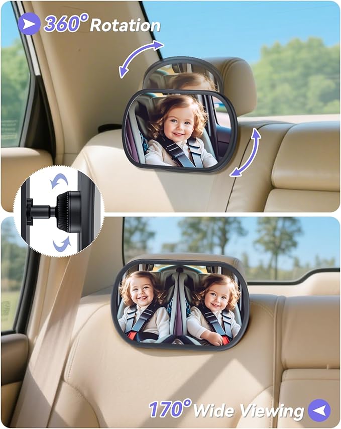 Baby Car Mirror for Backseat - Rear Facing Car Seat Mirror Safety for Infant Newborn - Easily Observe the Baby Move,Clear Wide View,360°Rotation, Secure, Shatterproof - Black-CubbioJoy