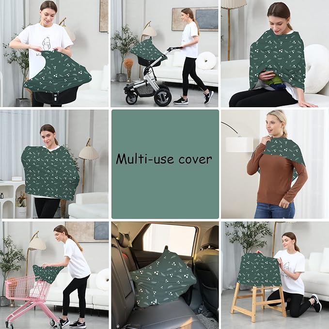 Carseat Covers for Baby Breastfeeding – Multi use Car Seat Canopy Cover, Infant Stroller Canopy Cover for Girls (Green Print)-CubbioJoy